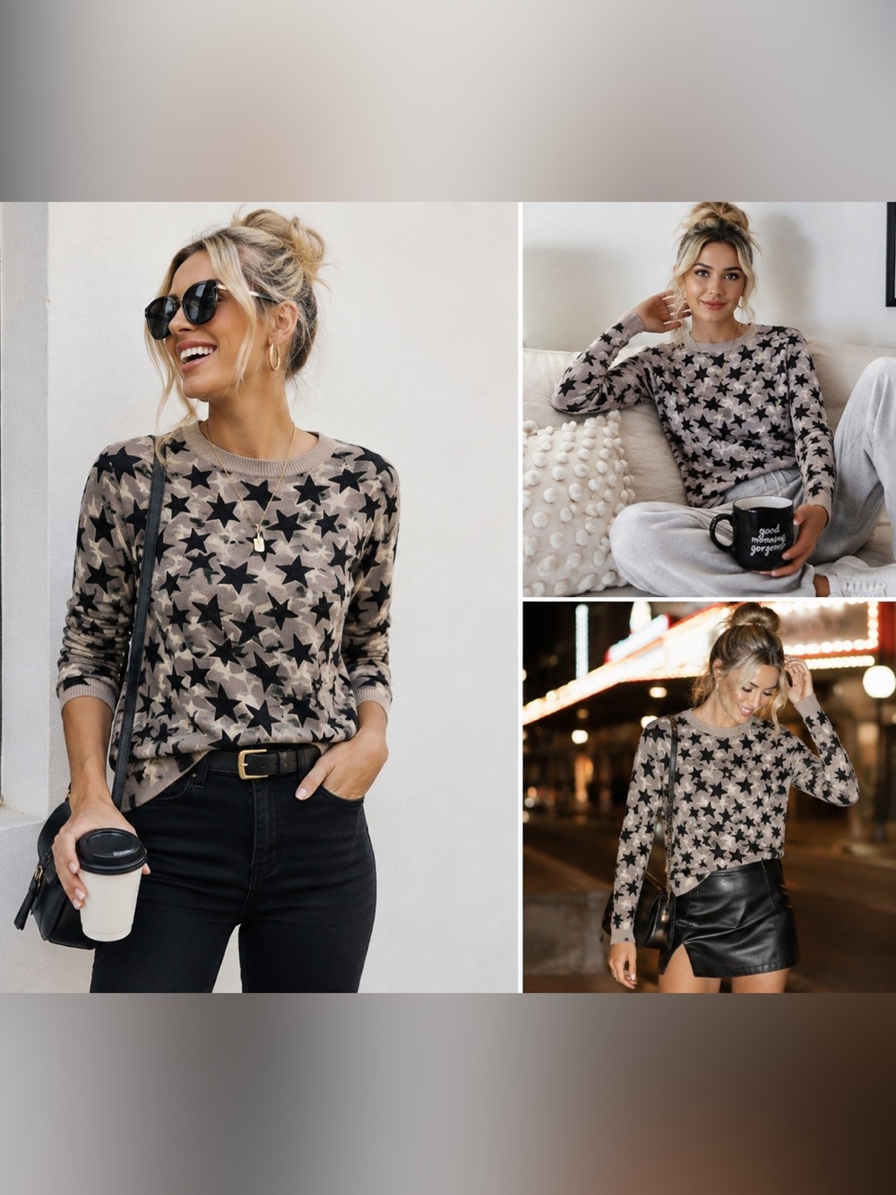 Equipment ‘Sloane’ cashmere Taupe and Black Star Pullover Sweatshirt